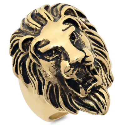 Steeltime Lion Mens 18K Gold Over Stainless Steel Fashion Ring