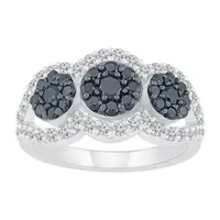 Womens 1 CT. T.W. Natural Black Diamond Sterling Silver Round Halo Cocktail Ring