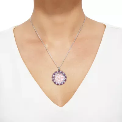 Tree Of Life Cameo Womens Genuine Pink Mother Of Pearl Sterling Silver Round Pendant Necklace