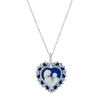 Womens Blue Resin and Simulated Crystal Sterling Silver Cameo Heart Pendant Necklace