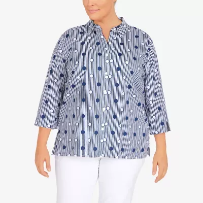 Alfred Dunner Plus Classics Womens 3/4 Sleeve Regular Fit Button-Down Shirt
