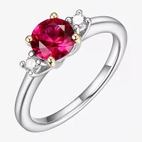 Womens Lab Grown Red Ruby & 1/7 CT. T.W. Lab Grown White Diamond Sterling Silver 3-Stone Cocktail Ring