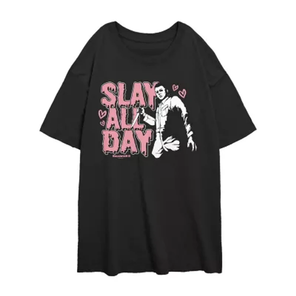 Juniors Halloween Slay All Day Tee Womens Crew Neck Short Sleeve Graphic T-Shirt