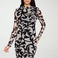 Premier Amour Womens Scroll Long Sleeve Floral Midi Sheath Dress