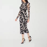 Premier Amour Womens Scroll Long Sleeve Midi Sheath Dress