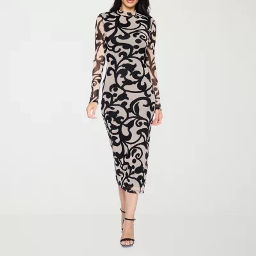 Premier Amour Womens Scroll Long Sleeve Midi Sheath Dress