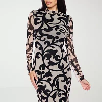 Premier Amour Womens Scroll Long Sleeve Floral Midi Sheath Dress