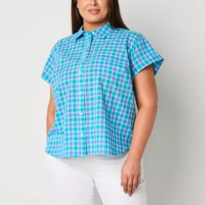 St. John's Bay Plus Womens Short Sleeve Adaptive Regular Fit Easy-on + Easy-off Hidden Access Opening Button-Down Shirt