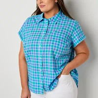 St. John's Bay Plus Womens Short Sleeve Adaptive Regular Fit Easy-on + Easy-off Hidden Access Opening Button-Down Shirt