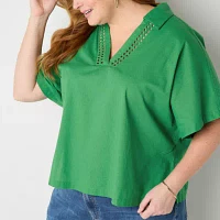 Liz Claiborne Plus Womens V Neck Short Sleeve Blouse