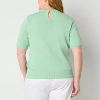 Liz Claiborne Plus Womens Crew Neck Embellished Short Sleeve Pullover Sweater