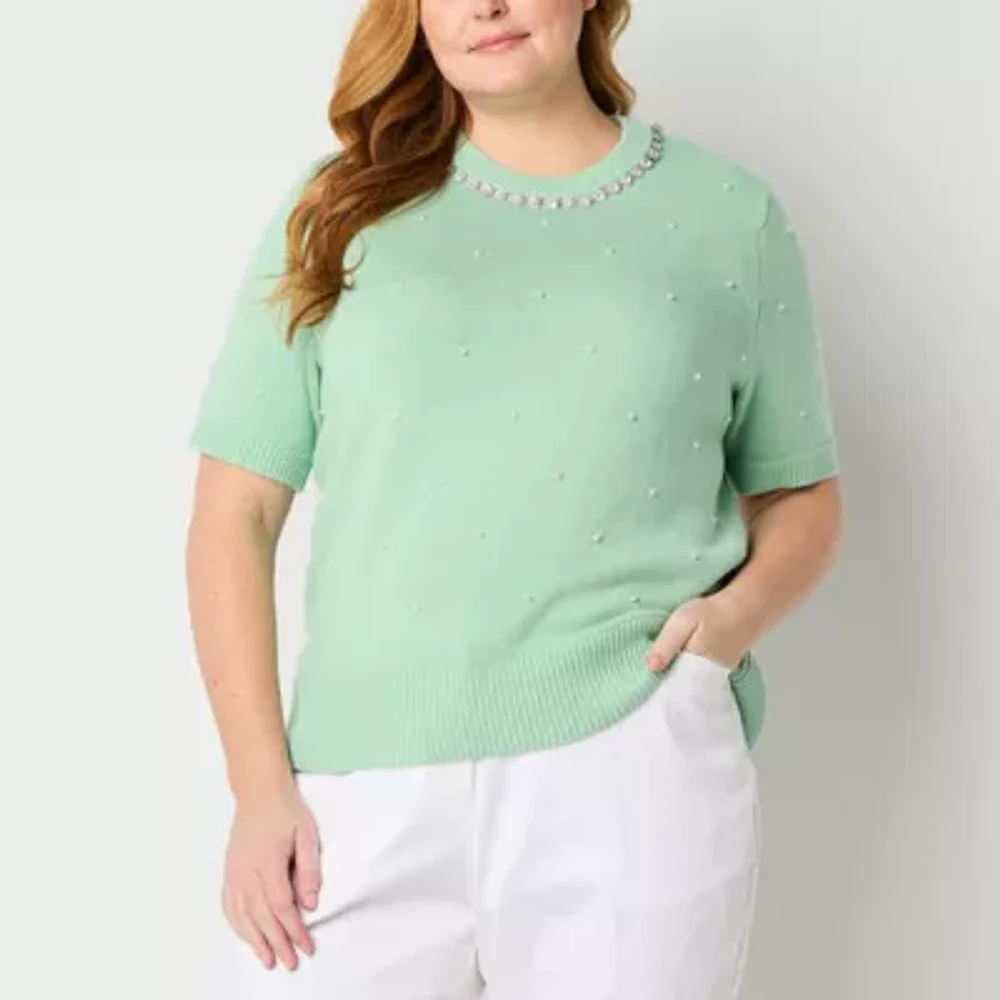 Liz Claiborne Plus Womens Crew Neck Embellished Short Sleeve Pullover Sweater