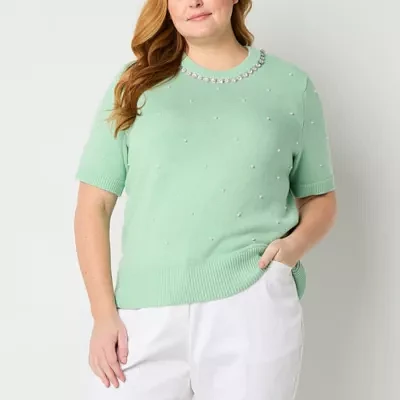 Liz Claiborne Plus Womens Crew Neck Embellished Short Sleeve Pullover Sweater