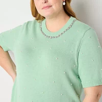 Liz Claiborne Plus Womens Crew Neck Embellished Short Sleeve Pullover Sweater