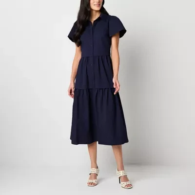 52seven Womens Short Sleeve Midi Fit + Flare Dress