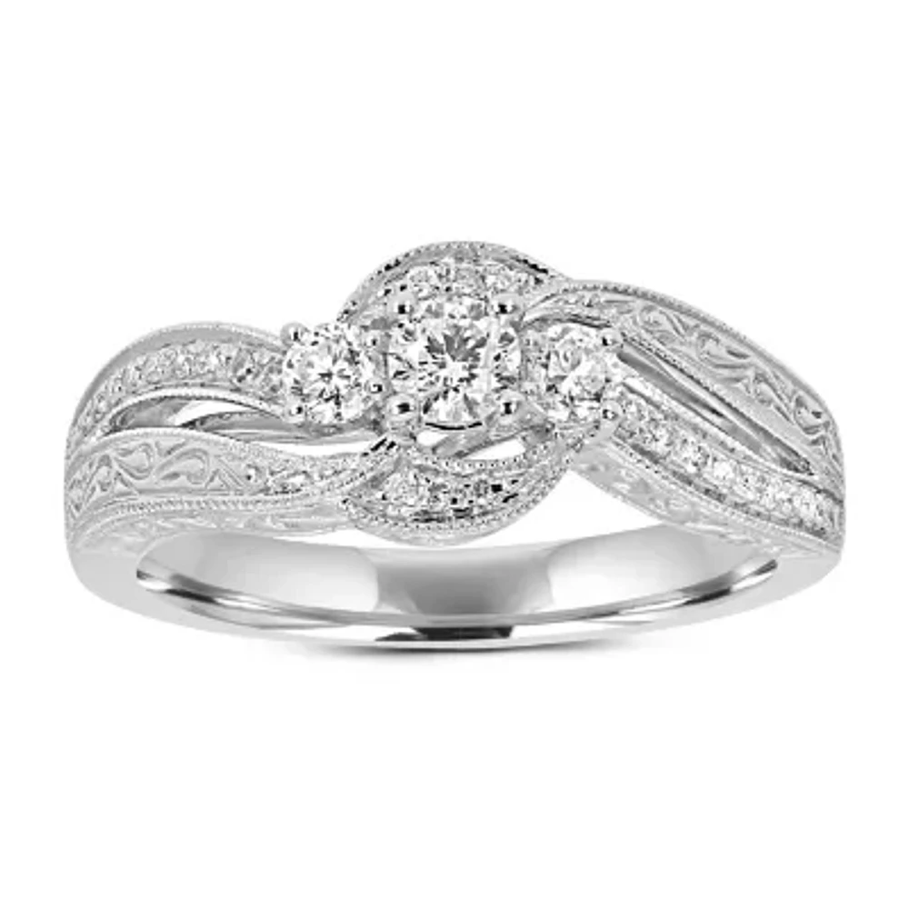 Love Lives Forever Womens 1 CT. T.W. Natural White Diamond 14K White Gold 3-Stone Engagement Ring