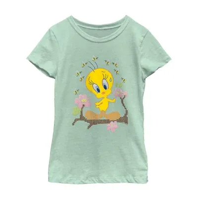 Little & Big Girls Tweety Crew Neck Short Sleeve Looney Tunes Graphic T-Shirt