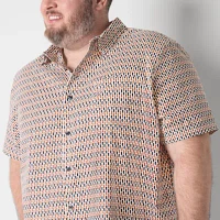 Shaquille O'Neal XLG Linen Big and Tall Mens Classic Fit Short Sleeve Geometric Button-Down Shirt