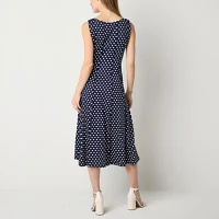 Perceptions Womens Sleeveless Polka Dot Midi Fit + Flare Dress Petite