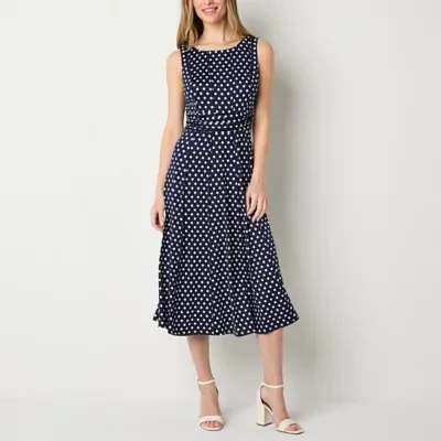 Perceptions Womens Sleeveless Polka Dot Midi Fit + Flare Dress Petite