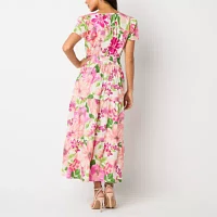 Be by CHETTA B Womens Short Sleeve Floral Maxi Dress