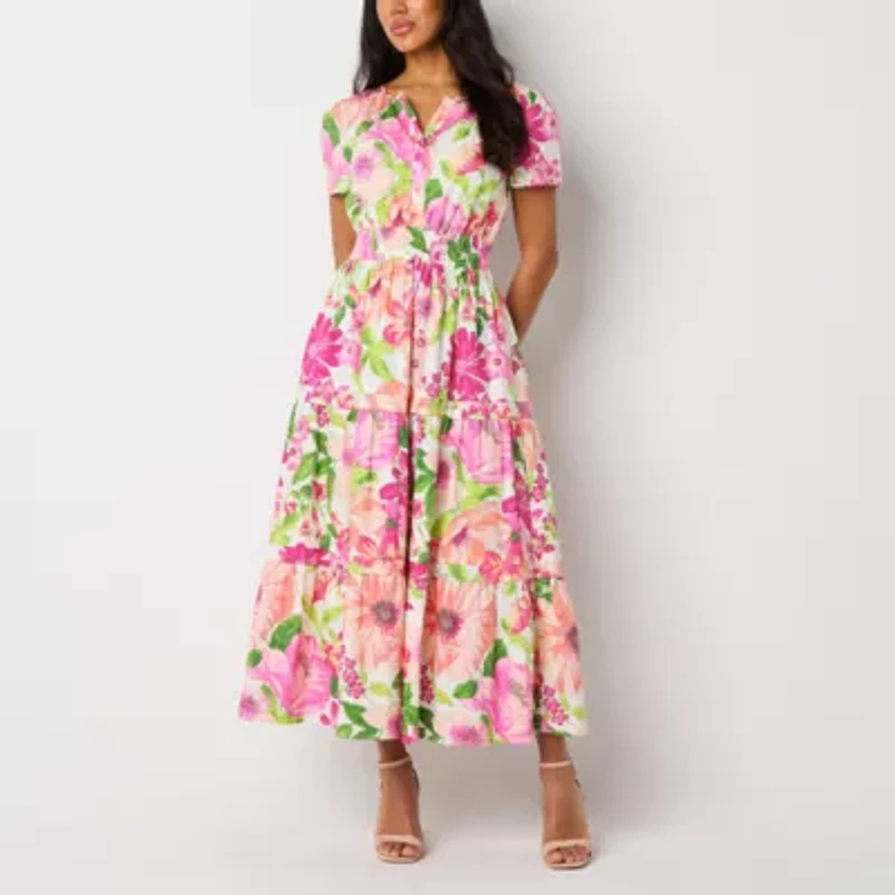 Be by CHETTA B Womens Short Sleeve Floral Maxi Dress