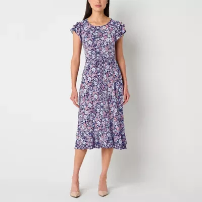 Perceptions Womens Short Sleeve Floral Midi Fit + Flare Dress