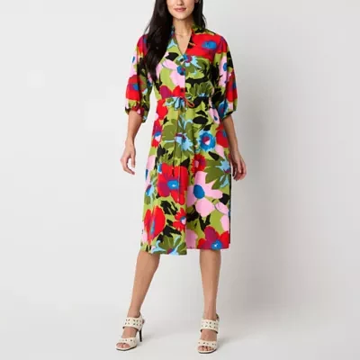 52seven Womens Elbow Sleeve Floral Midi Fit + Flare Dress