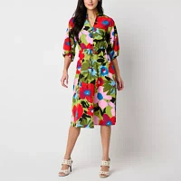 52seven Womens Elbow Sleeve Floral Midi Fit + Flare Dress