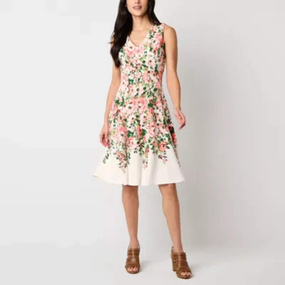 Studio 1 Womens Sleeveless Floral Midi Fit + Flare Dress