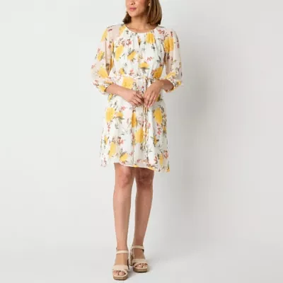 Studio 1 Womens 3/4 Sleeve Floral Fit + Flare Dress