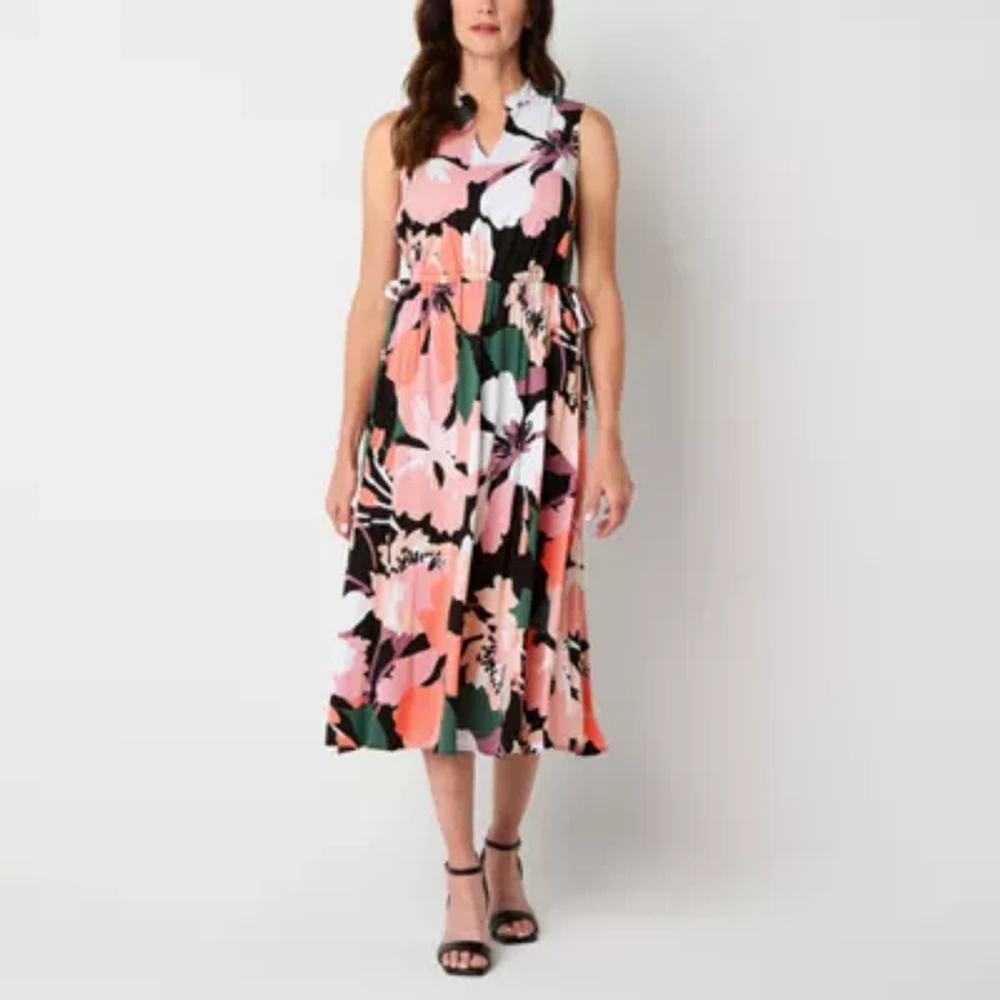 Liz Claiborne Womens Sleeveless Floral Midi A-Line Dress