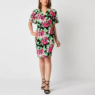 Black Label by Evan-Picone Womens Short Sleeve Floral Sheath Dress