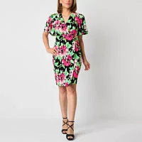 Black Label by Evan-Picone Womens Short Sleeve Floral Sheath Dress