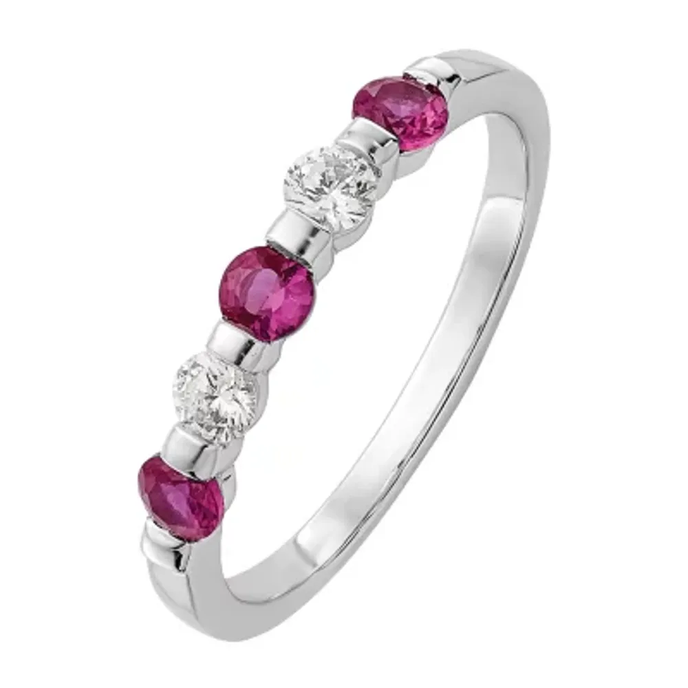 Modern Bride Gemstone 1/5 CT. T.W. Lead Glass-Filled Red Ruby 14K White Gold Wedding Band