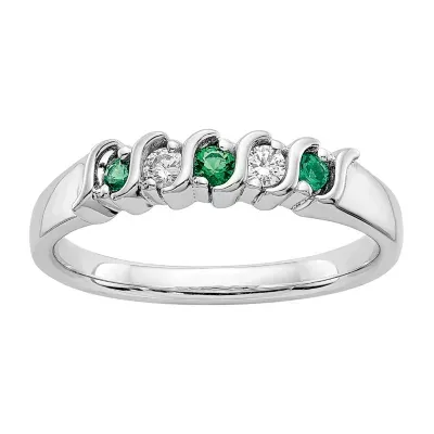 Modern Bride Gemstone 2MM 1/10 CT. T.W. Genuine Green Emerald 14K White Gold Wedding Band