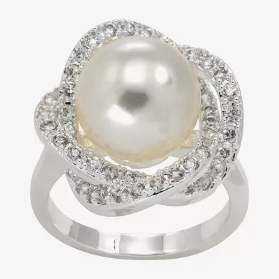 Sparkle Allure Simulated Pearl Pure Silver Over Brass Cocktail Ring