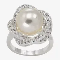 Sparkle Allure Simulated Pearl Pure Silver Over Brass Cocktail Ring