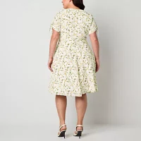 R & K Originals Womens Short Sleeve Floral Midi Fit + Flare Dress Plus