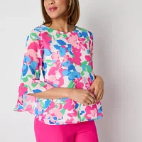 Black Label by Evan-Picone Womens Crew Neck 3/4 Sleeve Blouse