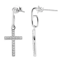 Religious Jewelry White Cubic Zirconia Sterling Silver Cross Drop Earrings