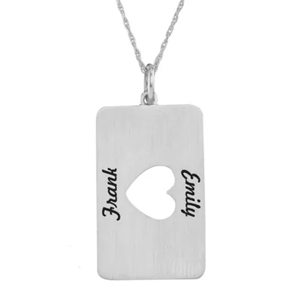 Personalized 10K White Gold Rectangular Cut-out Heart with Names Pendant Necklace