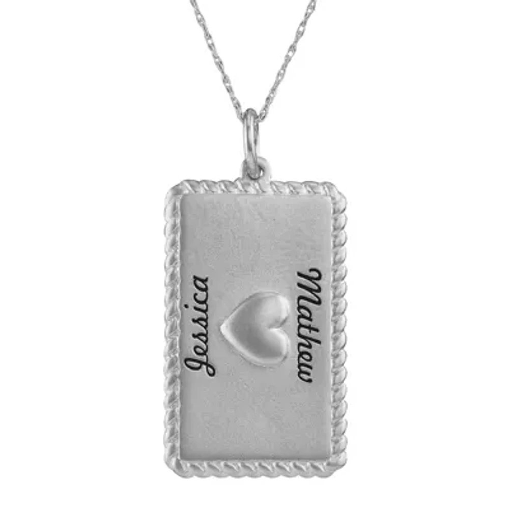 Personalized 10K White Gold Rectangular Puffed Heart with Names Pendant Necklace