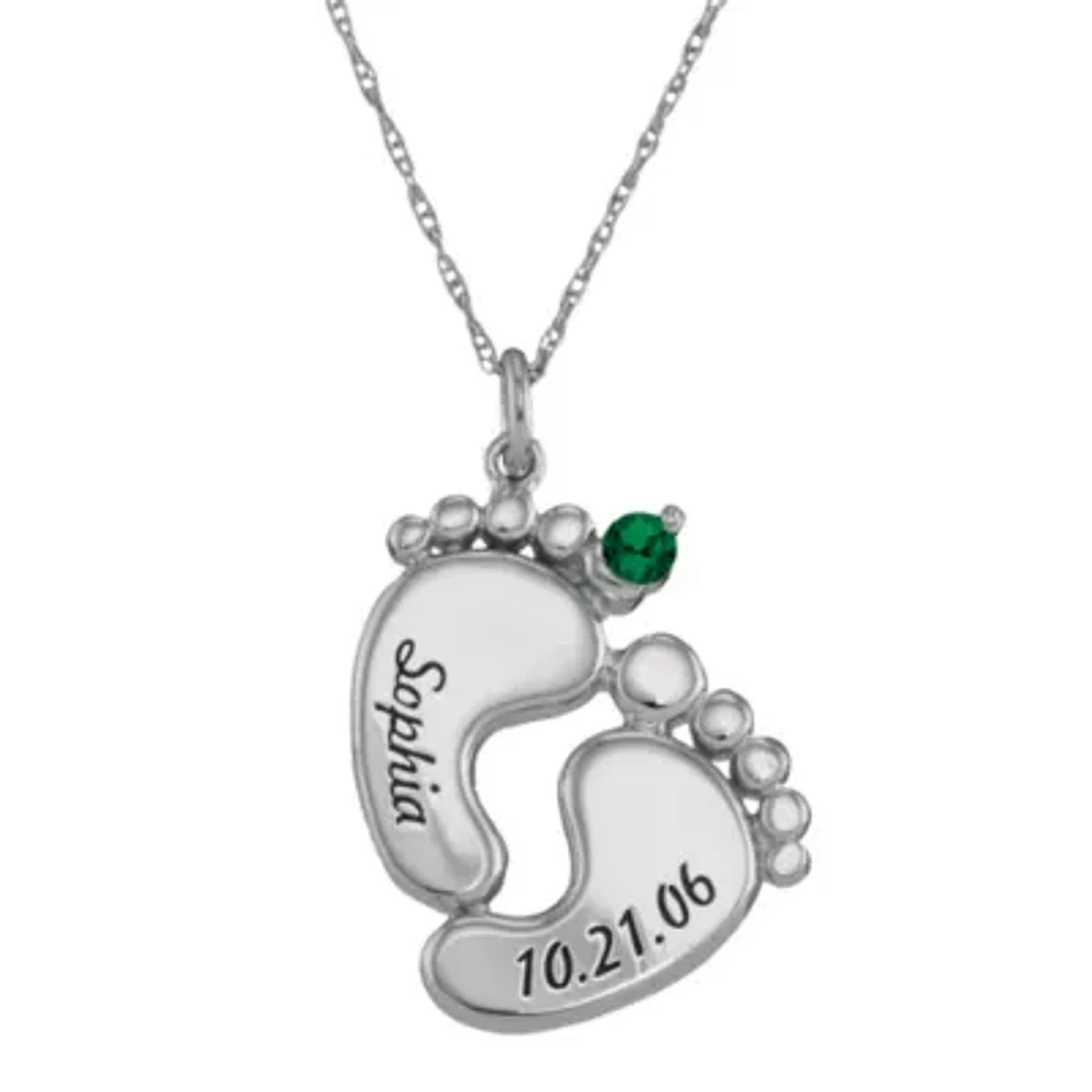 Personalized Sterling Silver Name, Date & Birthstone Footprints Pendant Necklace