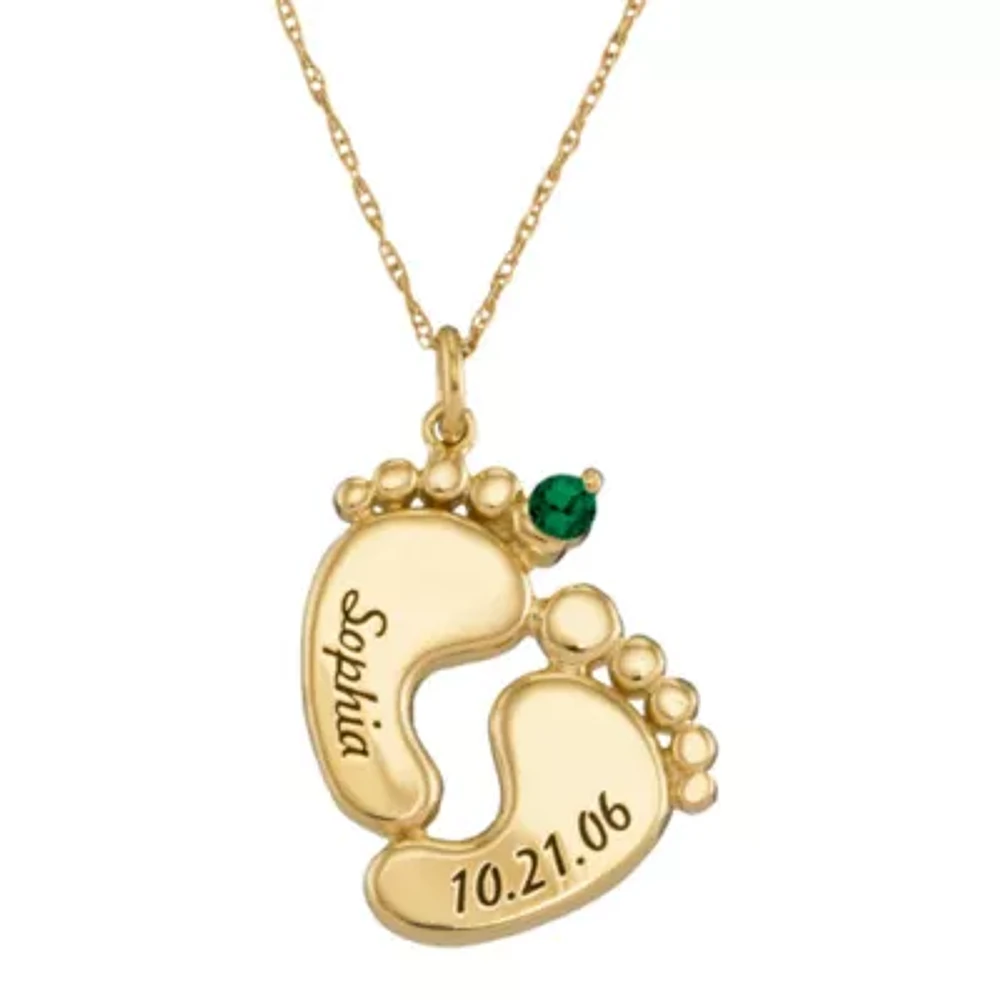 Personalized 10K Gold Name, Date and Birthstone Footprints Pendant Necklace