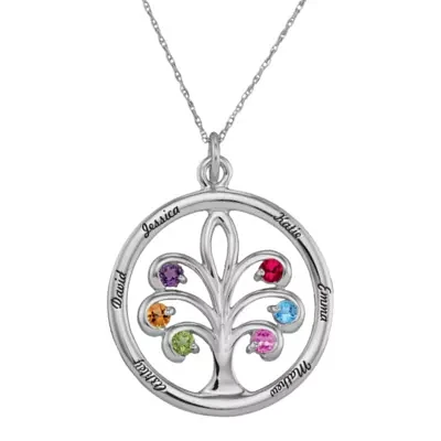 Personalized Sterling Silver Family Tree Birthstone Pendant Necklace