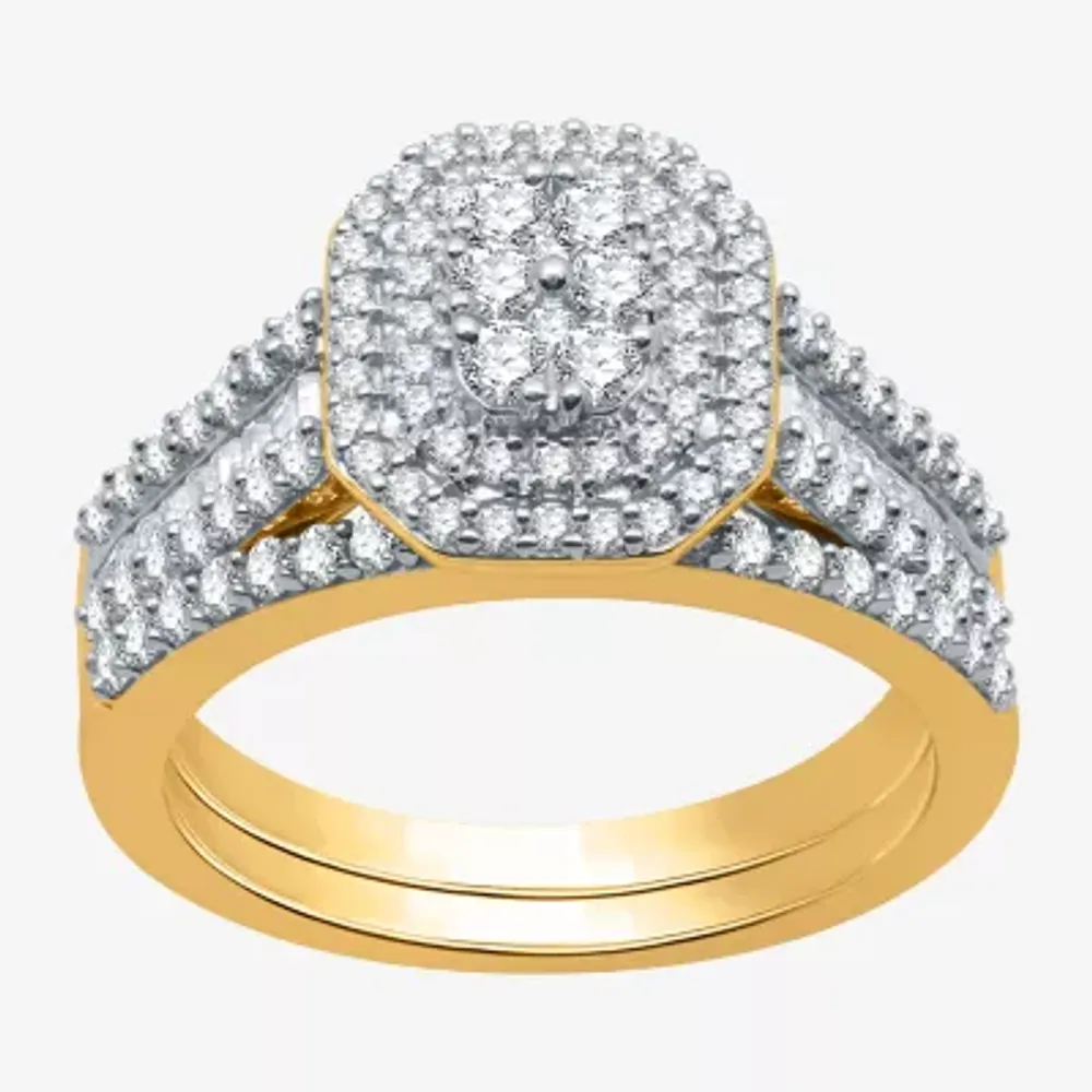I Said Yes (H-I / I1) Womens 1 CT. T.W. Lab Grown White Diamond Sterling Silver or 14K Gold Over Side Stone Halo Bridal Set
