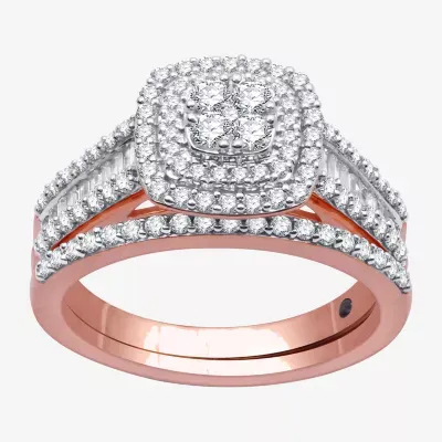 I Said Yes (H-I / I1) Womens 1 CT. T.W. Lab Grown White Diamond 14K Rose Gold Over Silver Cushion Side Stone Halo Bridal Set