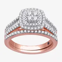 I Said Yes (H-I / I1) Womens 1 CT. T.W. Lab Grown White Diamond 14K Rose Gold Over Silver Cushion Side Stone Halo Bridal Set