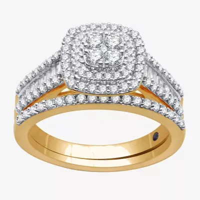 I Said Yes (H-I / I1) 1 CT.T.W. Lab-Grown Diamond Cushion Side Stone Halo Bridal Set Sterling Silver